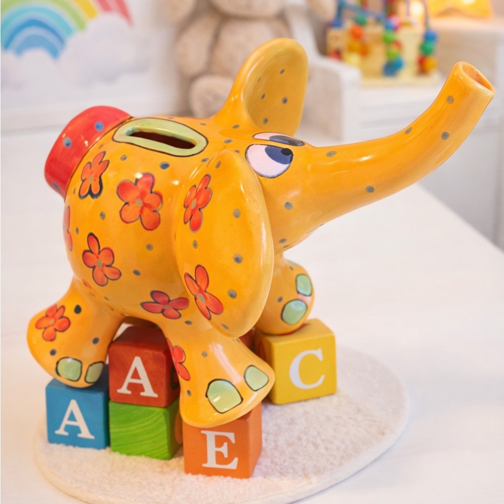 🌸 Retro Floral Elephant Bank – Handpainted Ceramic Coin Bank
